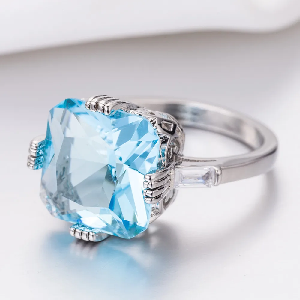 

Womens Fashion Ring Silver Sea Blue Square Cubic Zircon Ring for Lady Female Wedding Ring Party Gifts