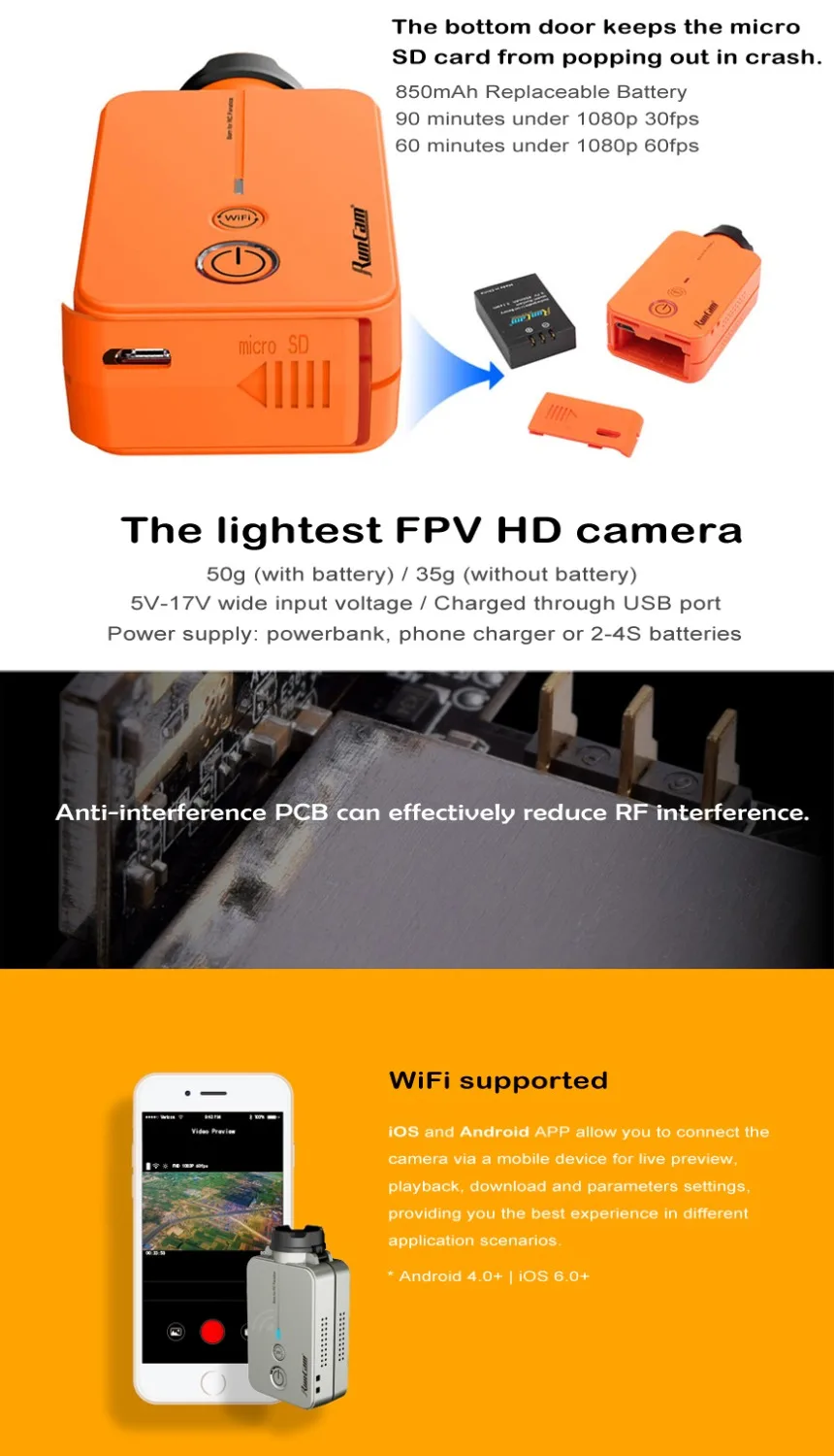 

RunCam 2 RunCam2 Ultra HD 1080P 120 Angle WiFi link Camcorder FPV Camera For QAV210 Quadcopter Racing Drone RC
