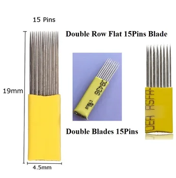 

50PCS Permanent Makeup Double Rows Tattoo Needles Fog Blade 15Pin Flat Microblade Manual Pen Needles for 3D Eyebrow Eyeline