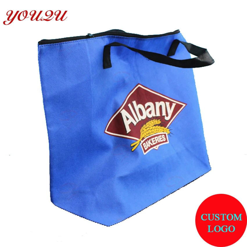 customized non woven tote packing bag with heat transfer logo zipper closed at open partnon