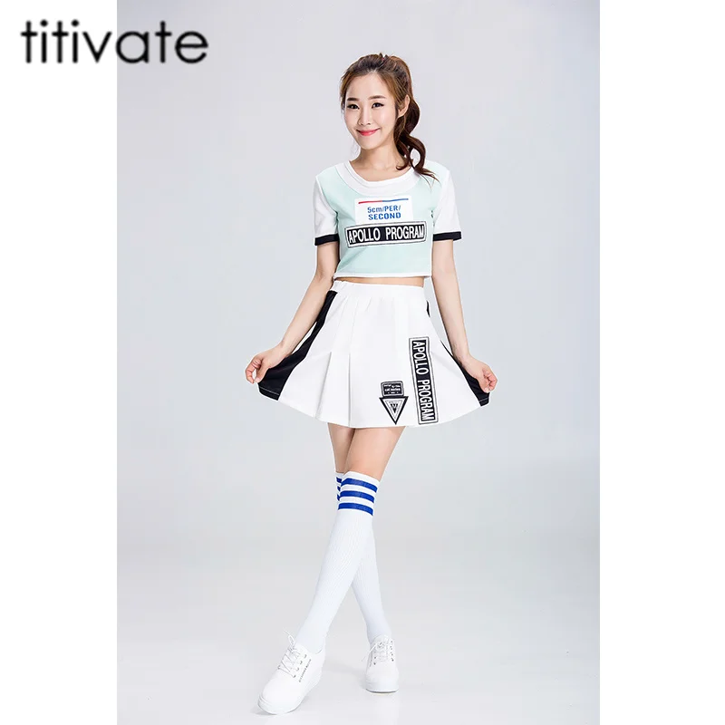 Titivate جنسي الثانوية بنات التشجيع زي هالوين زي المشجع موحدة سيدة بأكمام قصيرة الأعلى + تنورة s-2xl