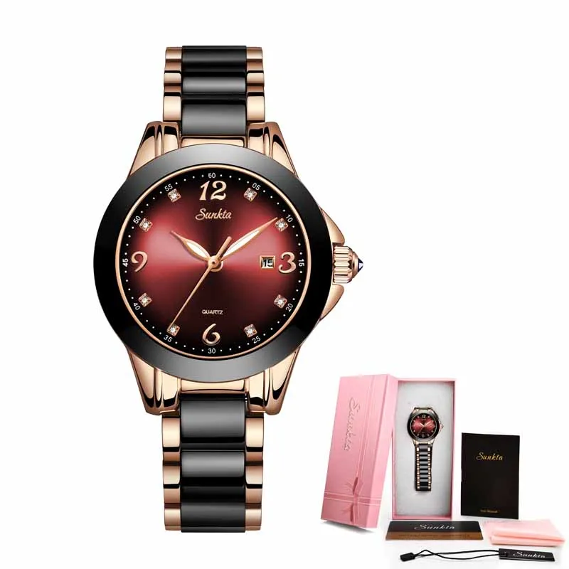 Rose gold red SUNKTA модные женские часы женские топ брендовые роскошные стразы керамические спортивные кварцевые часы женские синие водонепроницаемый браслет для часов - Цвет: Rose gold red