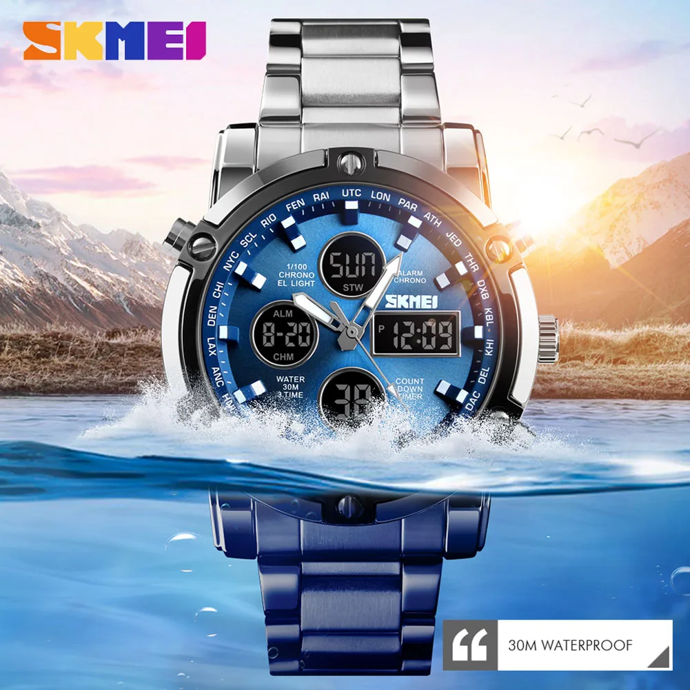 

SKMEI 1389 Men's wrist watches clock Fashion Man Digital Quartz Wrist Watches Stainless Large Dial Waterproof Man Sport Watch
