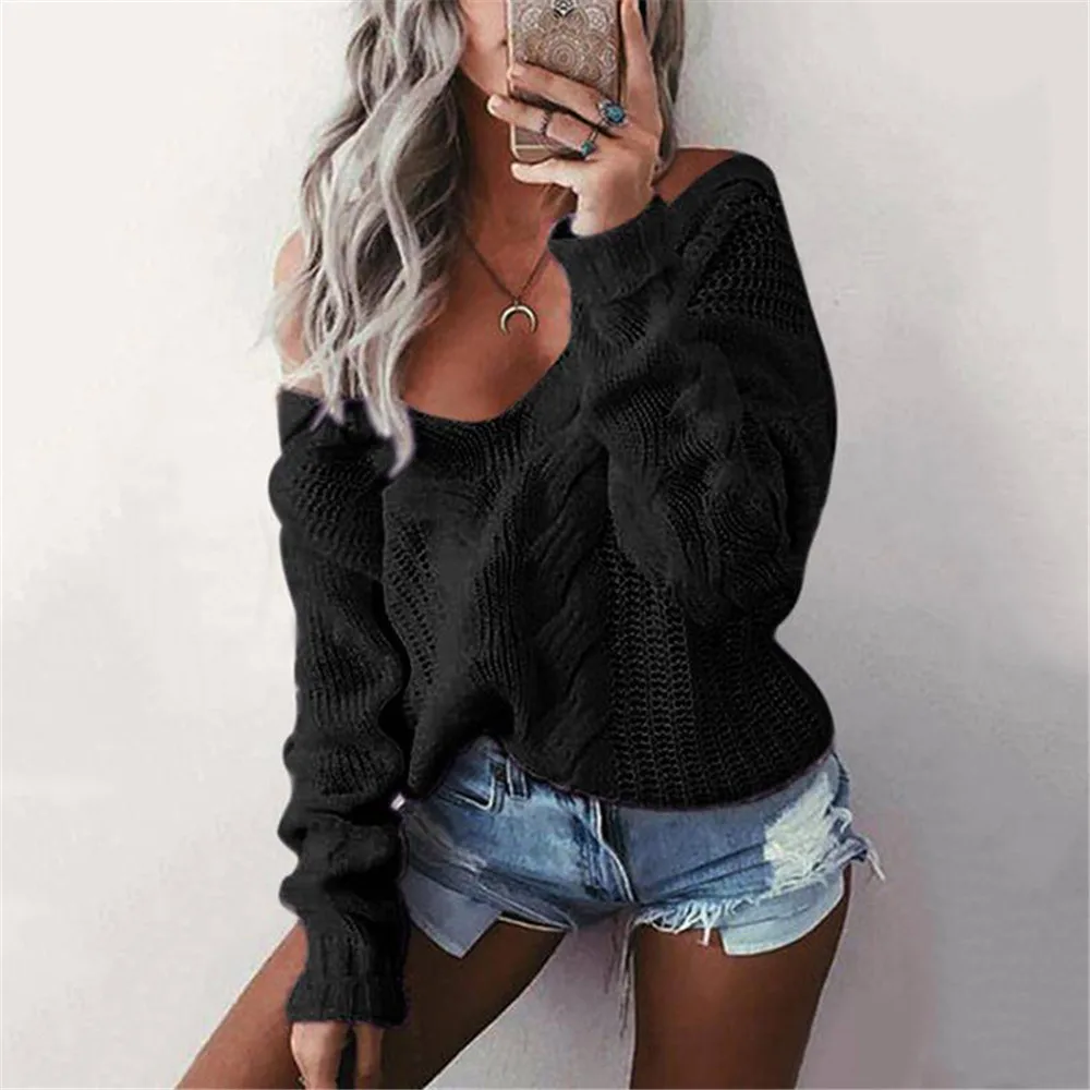 Women Winter Knitted Sweater Women 2019 Autumn White Hollow Out Female Pullover Sweater Sexy Deep V Neck Long Sleeve Jumpers