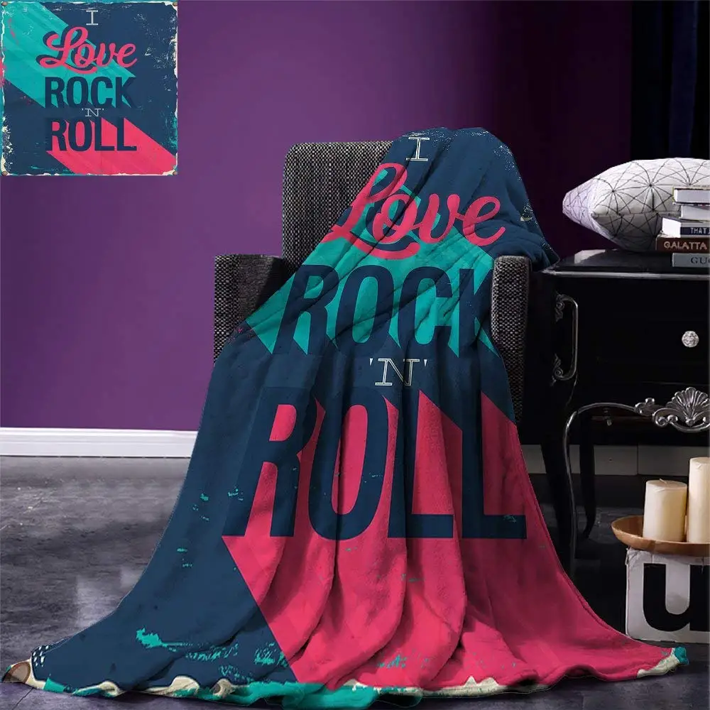 Rock Music Throw Blanket Vintage I Love Rock and Roll Slogan Worn