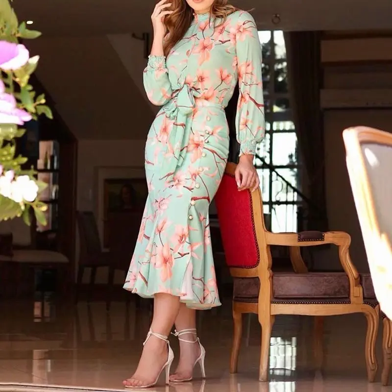 

Nine Points Lantern Sleeve Mid-Calf Turtleneck Mermaid Dress Women Autumn Elegant Floral Trumpet Lace up midi Dresses Plus Size