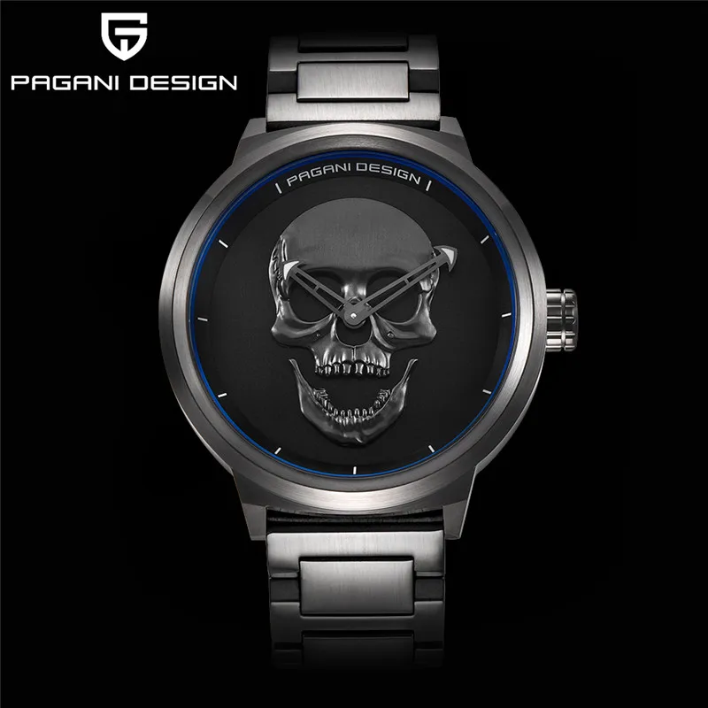 Бренд PAGANI Дизайн Панк 3D череп Личность Ретро мода мужские часы большой циферблат дизайн Водонепроницаемый Кварцевые часы дропшиппинг - Цвет: black B