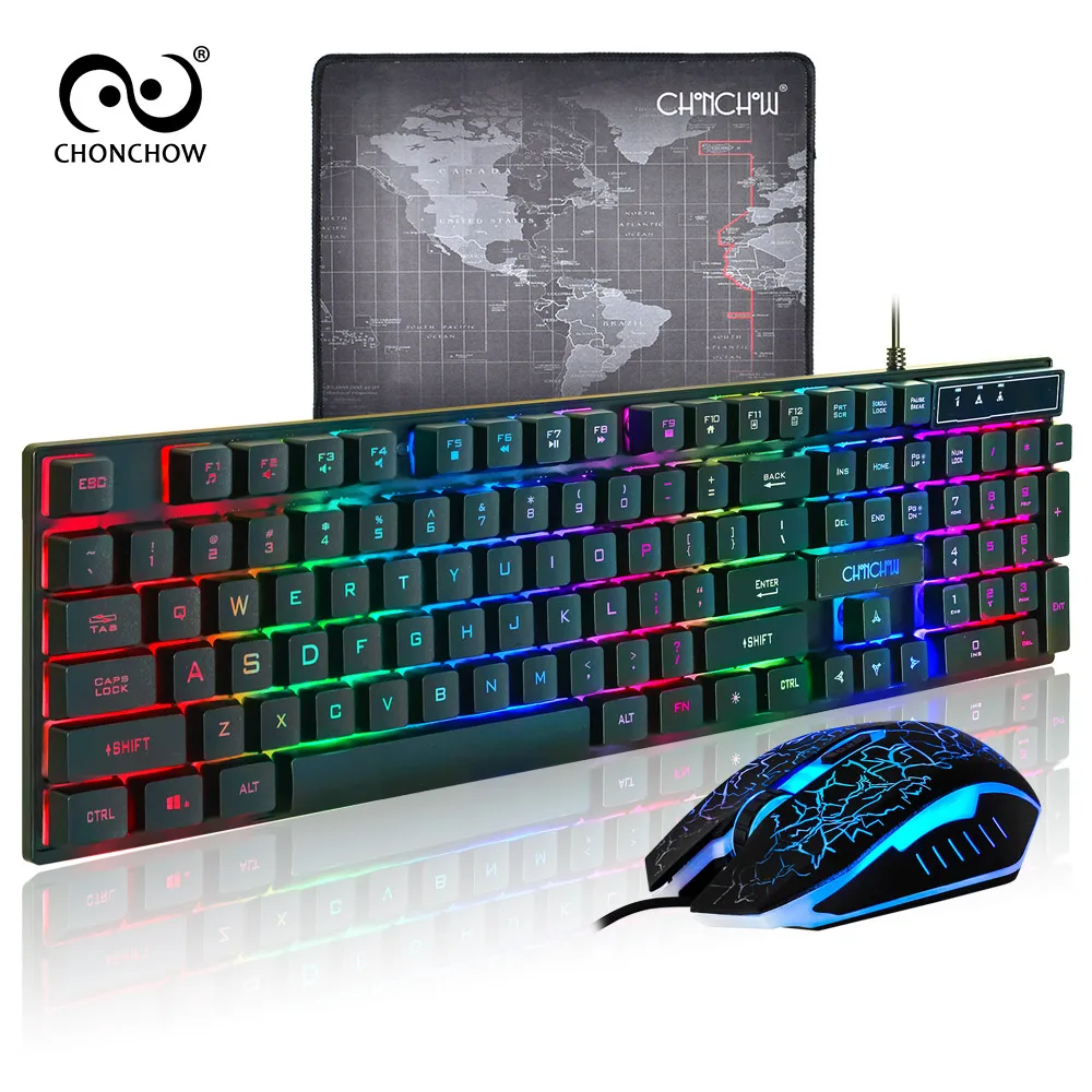  PC Gamer Backlight Gaming Keyboard and Mouse Combo Standard USB Wired Rainbow English Game Keyboard