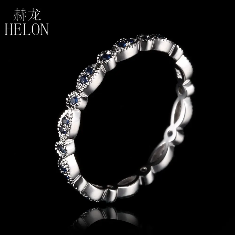 HELON Genuine Sapphires Band Solid 14K White Gold Milgrain Sapphires Gemstone Engagement Wedding Ring For Women Fine Jewelry цена HELON Genuine Sapphires Band Solid 14K White Gold Milgrain Sapphires Gemstone Engagement Wedding Ring For Women Fine Jewelry цены онлайн