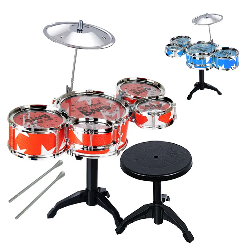 

Children's early education fancy toy child drum simulation drum set music percussion toys with 5 drums and 1 stool for gift
