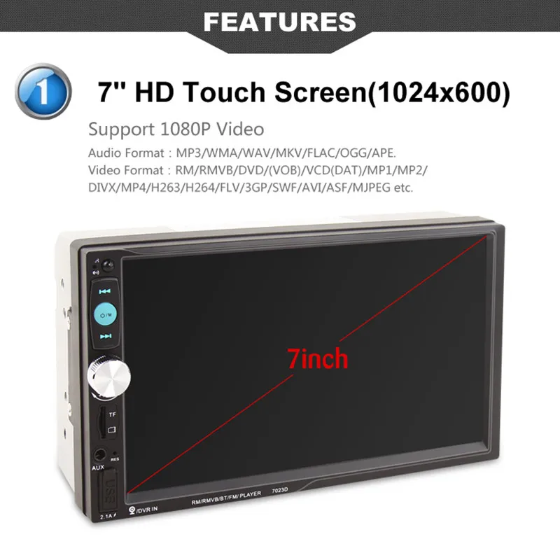 

7023D 7 Inch 2 DIN Bluetooth HD Car Stereo Audio MP5 Player with Card Reader FM Radio Fast Charge Support USB / AUX / DVR
