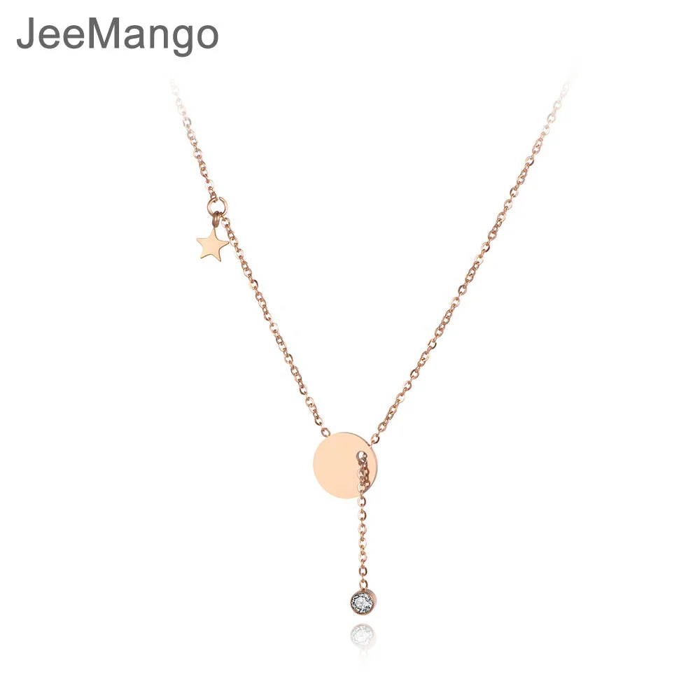 

JeeMango Office Stainless Steel Round Tag Star Pendant Necklaces Jewelry Trendy Rhinestone Chokers Necklace For Women N19014