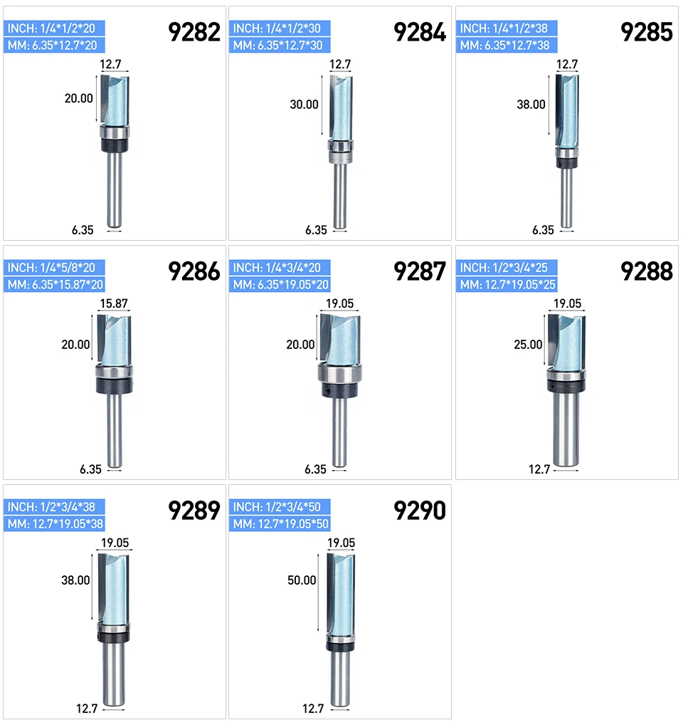 HUHAO 1pc Bearing Flush Trim Router Bit for wood 1/2" 1/4" Shank straight bit Tungsten Woodworking Milling Cutter Tool