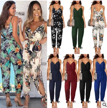 

woman spring and summer sexy backless tether deep V-neck sling cotton long jumpsuit
