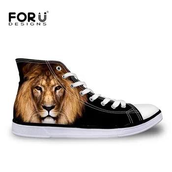 

FORUDESIGNS Fashion Men's Black High Top Canvas Shoes,3D Animal Forest King Lion Printed Casual Male Lace Up Vulcanize Shoes