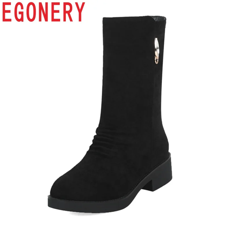 

EGONERY mid-calf boots 2018 new causal date shoes woman black party dress boots fashion side zipper platform boots size 33-40