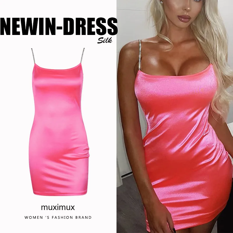 2019 летние женские платья шелковые однотонные Красные сексуальные Bodycon Спагетти