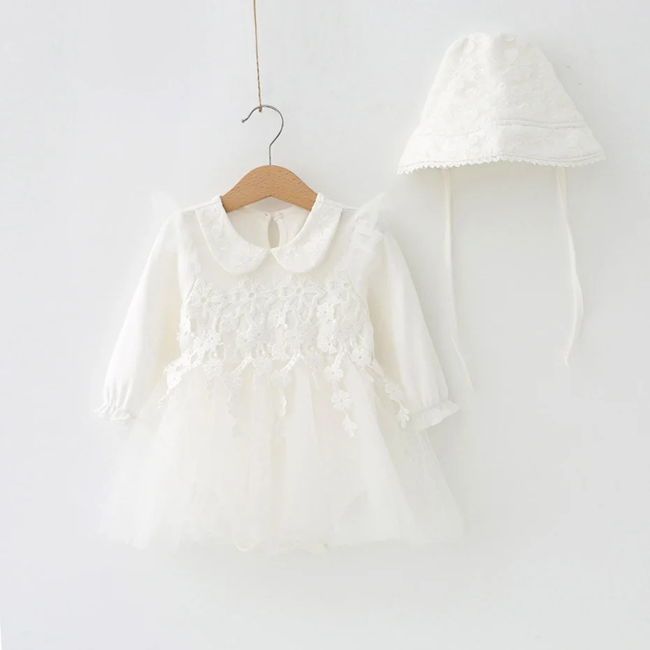 

New Fall Baby Girl Cotton Lace Tutu Formal Dress Cap White Princess Rode Dresses Infant Girls Clothes Born 6m 9m 1t Gift