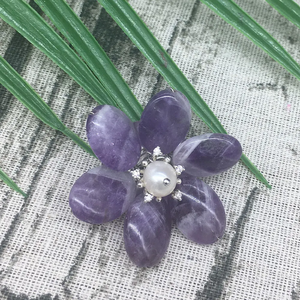 

Natural Amethyst White Real Pearl Silver Stamen Flower Design Brooch Pin