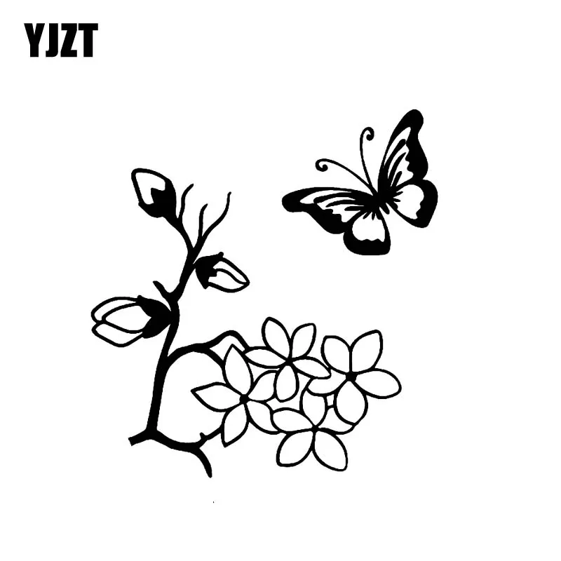 YJZT 15.2CM*16.2CM Cartoon Butterfly With Branches And Leaves Original Vinyl Decal Cool Car Sticker Black/Silver C19-0625 | Автомобили и