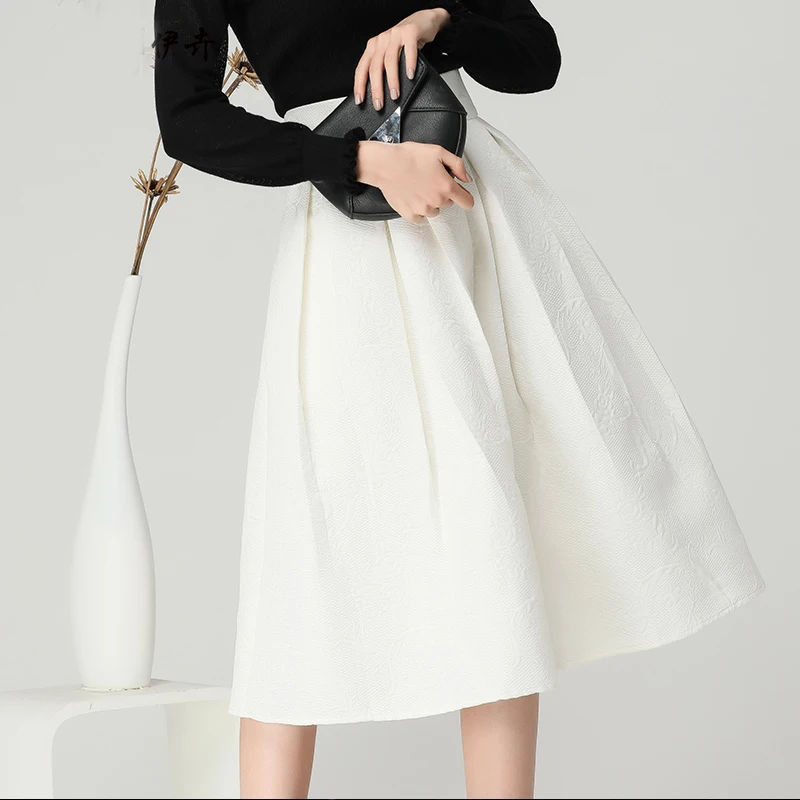 Женская белая плиссированная Осенняя юбка с цветочной вышивкой, высокая талия, трапециевидная юбка миди с карманами размера плюс 4XL, элегантные офисные юбки