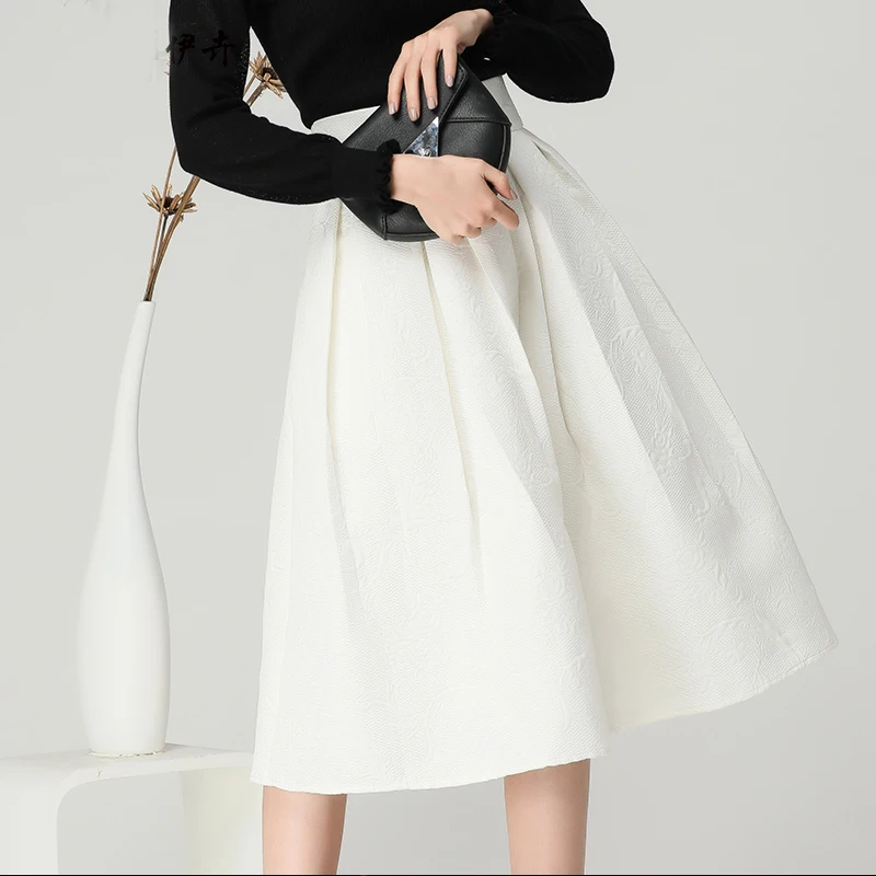 

Elegant White Jacquard High Waist A-Line Pleated Skirt New 2019 Spring Autumn Women' Midi Skirts Pocketed Plus Size Bottoms
