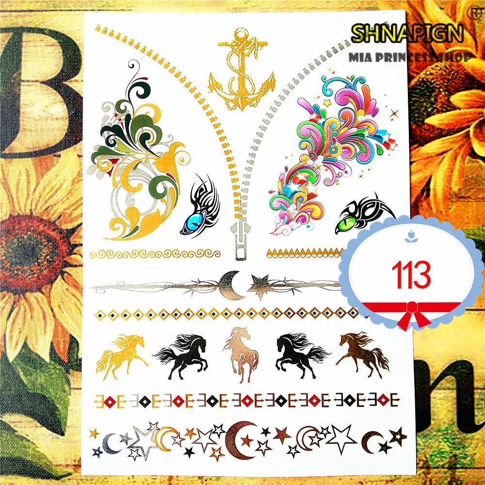 SHNAPIGN 24 style Temporary Tattoo Body Art Gold Anchors horse Designs Flash Sticker Keep 3-5 days Waterproof 21*15cm | Красота и
