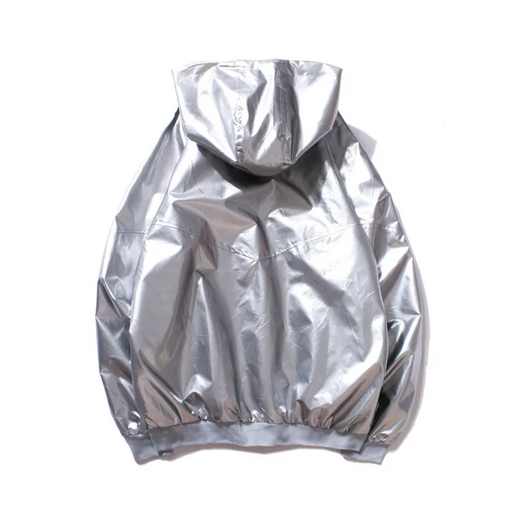 Grandwish Mens Windbreaker Jackets Hip Pop B-Boy Silver Glossy Hooded Jacket for Men Streetwear Bomber Jacket Male Female,DA739