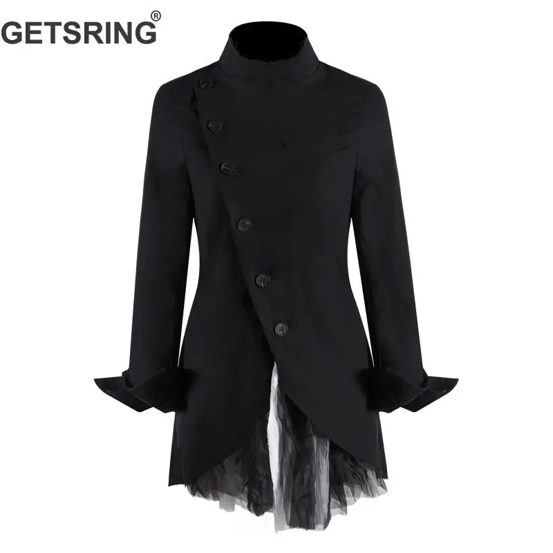 

GETSRING Women Coat Inclined Button Women Jacket Mesh Spliced Women Tops Irregular Female Coats Long Black Coat Jackets Spring