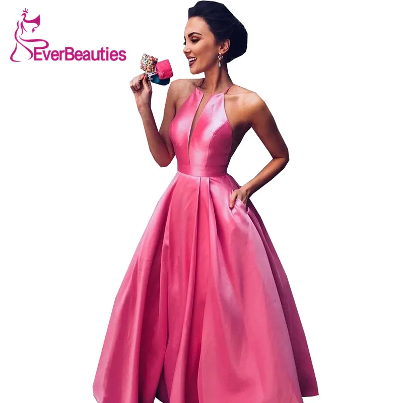 

Abiye Gece Elbisesi Halter Evening Dresses Long 2019 Satin Formal Dress with Pockets Robe De Soiree Vestidos De Festa
