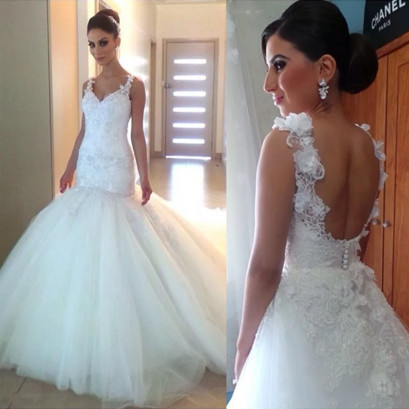 

Backless Vestido De Noiva Muslim Wedding Dresses Mermaid V-neck Tulle Lace Flowers Boho Dubai Arabic Wedding Gown Bridal