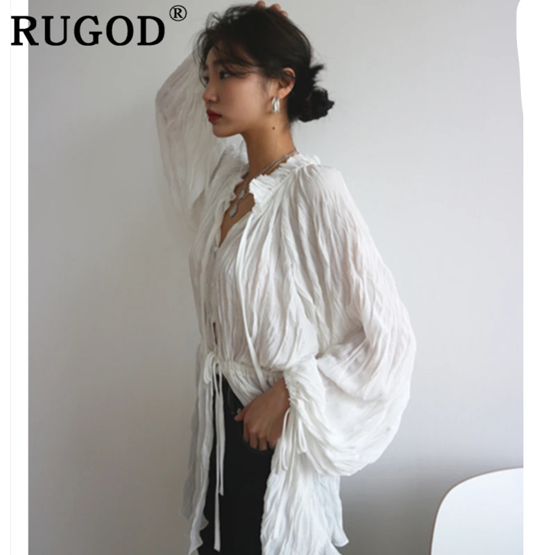 RUGOD عارضة المرأة الأبيض بلوزة مكتب السيدات الدانتيل يصل طويل نمط قمصان صيفية 2019 الصيف قمم و blouseschemisier فام