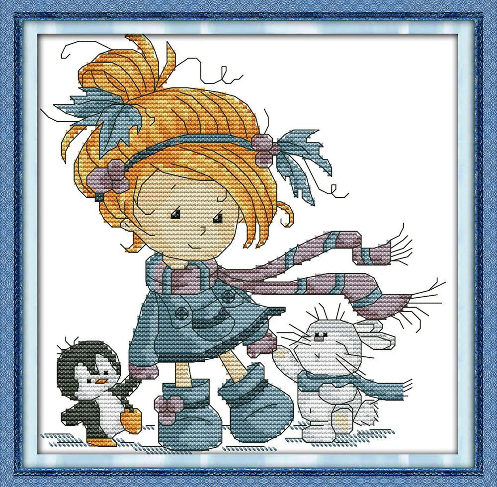 The little girl and friends cross stitch kit counted aida 14ct 11ct black hand embroidery DIY