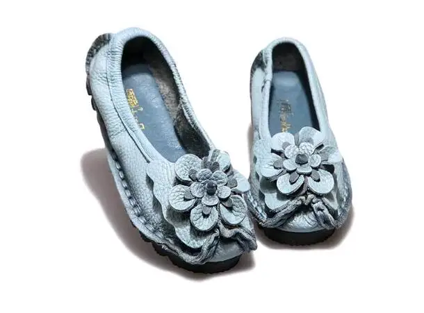 Ethnic Women Loafers Genuine Split Leather Flat Heels Flower Round Toe Soft Solid Sandals Platform Ladies Shoes Zapatos De Mujer bridal slingbacks