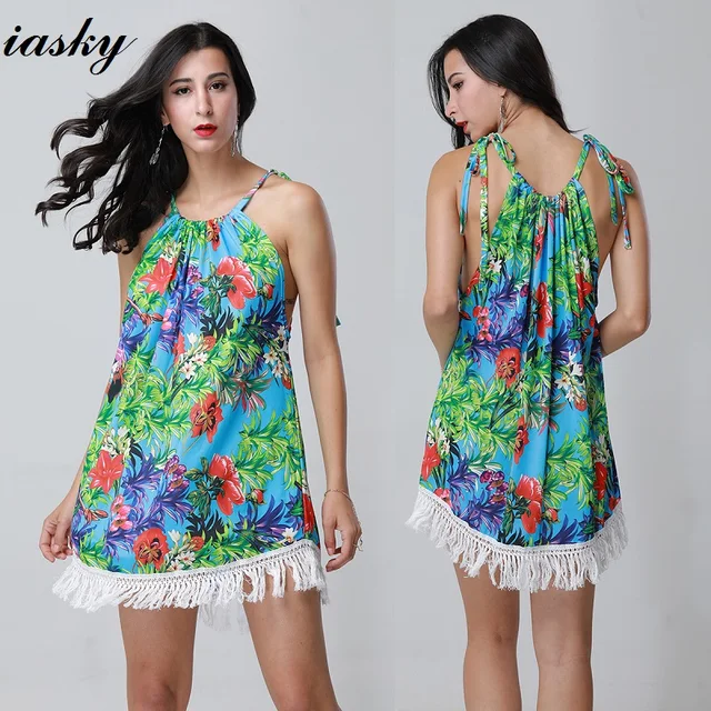 IASKY Women Sexy Bikini Cover ups print Floral Tassel Swimsuit Cover up