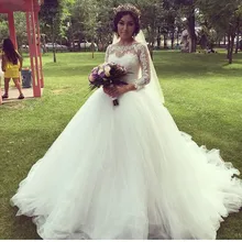 High Quality White Lace Tulle Ball Gown Wedding Dresses 2016 Sheer High Neck Long Sleeves Bridal Gowns Zip Back vestido de noiva