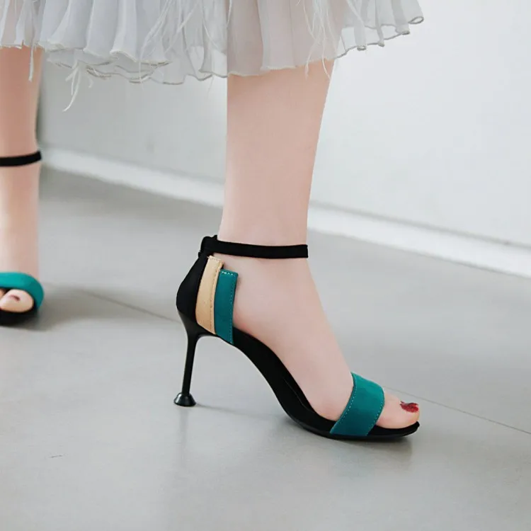 

Big Size 11 12 13 14 high heels sandals women shoes woman summer ladies Blue Patchwork Open toe Stiletto Buckle