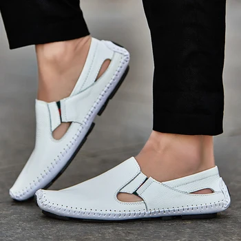 

Men Leather Driving Shoes Plus Size Men Shoes Casual Beach Sandals Slip-on Summer Shoes Breathable Leather Sandals Size 38-47