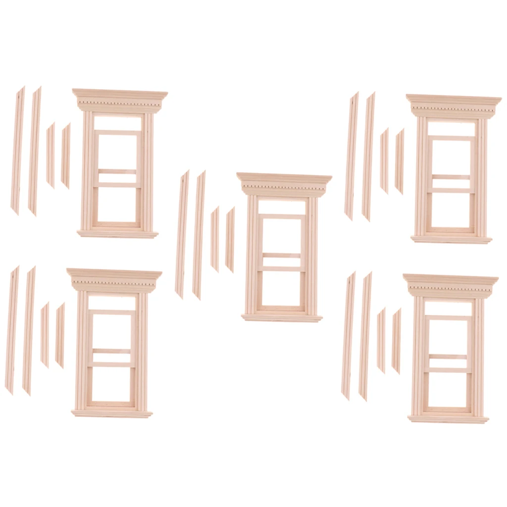 5 Set Unpainted 1/12 Dolls House Miniature Wooden Movable 2-Pane Sash Window Model DIY Making Accessory Collections