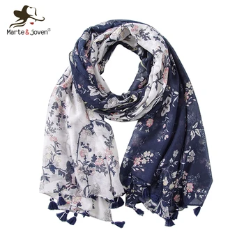 

Marte&Joven Romantic Floral Print Spring Autumn Soft Scarf for Women White Blue Patchwork Big Size Elegant Ladies Shawls Wraps