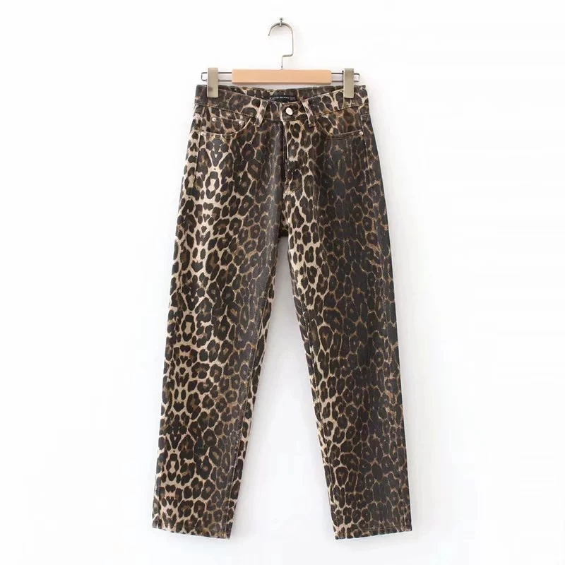 winter Leopard print jeans woman Streetwear high waist jeans plus size korean loose punk straight pants long trousers 2019