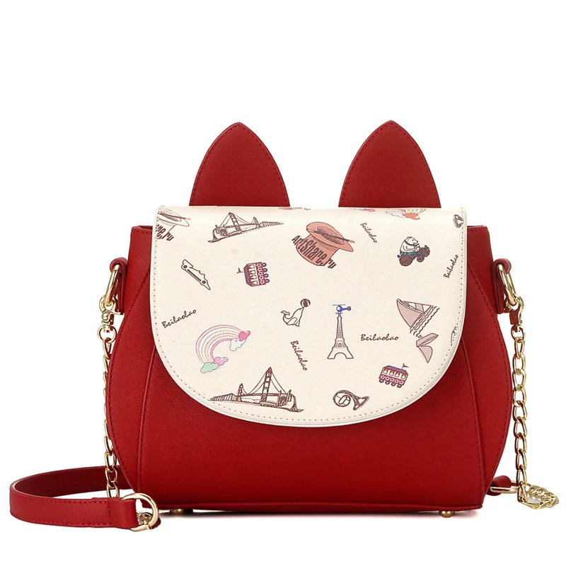 Fashion Printed Women Leather Messenger Bag Cat Ears Decorated Small Shoulder Bag Ladies Crossbody Handbags High