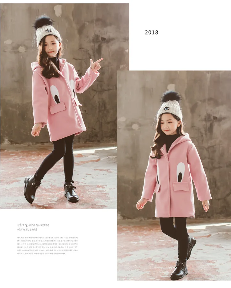 Girls Woolen Coat Long Winter Jackets For Girls Eye pattern Thick Kids Outerwear Autumn Teenage Girls Christmas Clothes 4-14 Y