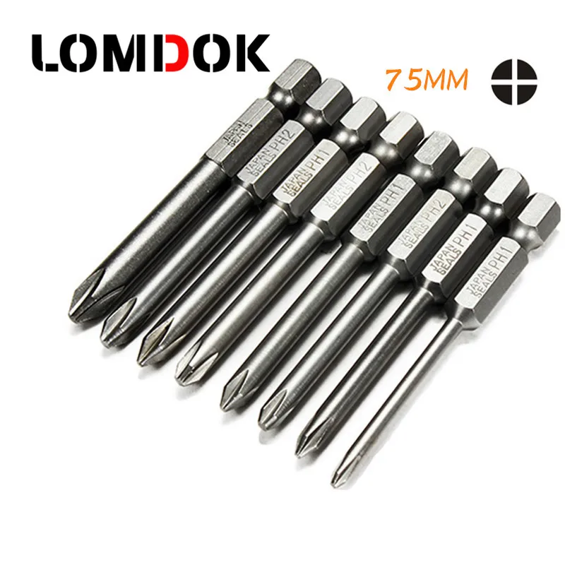 

LOMDOK 8pcs 75mm Long Magnetic Hex Cross Head Screwdriver Bits Electric Screwdriver Set S2 PH0,PH1,PH2