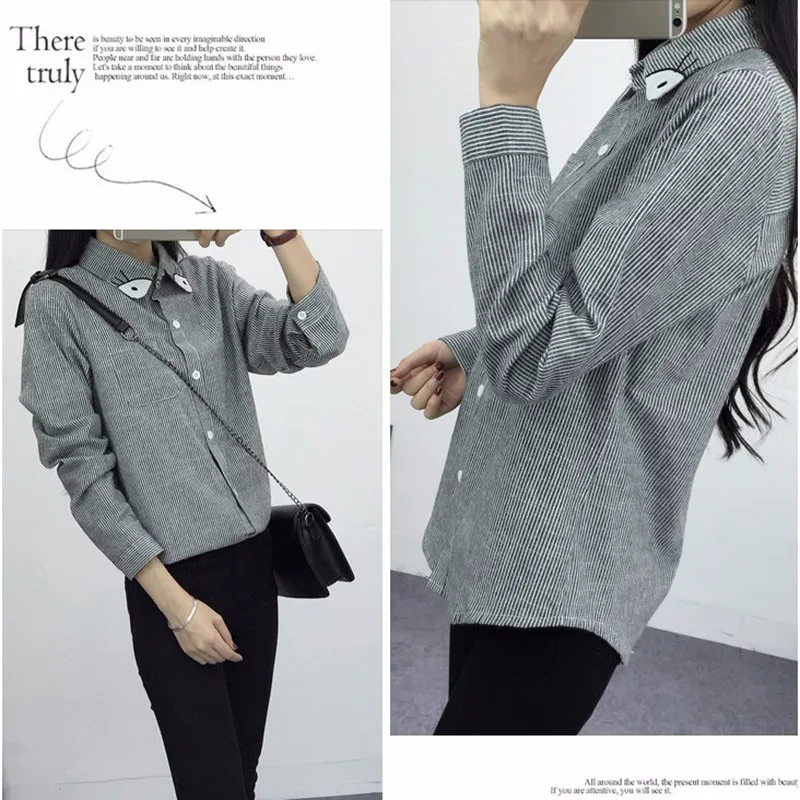 2016 New Spring and Autumn Womens Shirt Blouse Cat Embroidery Long Sleeve Women Shirts Casual Tops Size M-XL19