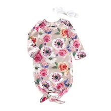 Спальный мешок для новорожденных девочек, Пеленальное Одеяло с длинными рукавами и цветочным принтом+ повязка на голову, одежда из хлопка для детей от 0 до 6 месяцев