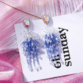 

New Exaggerated Colorful Rhinestone Blue Crystal Beaded Tassel Drop Earrings for Women Statement Long Party Jewelry 5C1014
