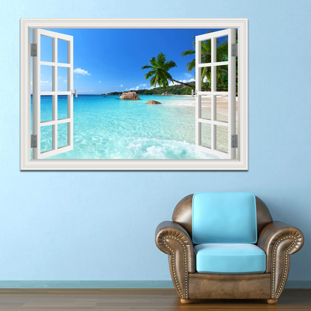 

Summer Beach Coconut Tree 3D Window View Sticker Beach Wall Murals Art Removable Wall sticker adesivo de parede room decoration