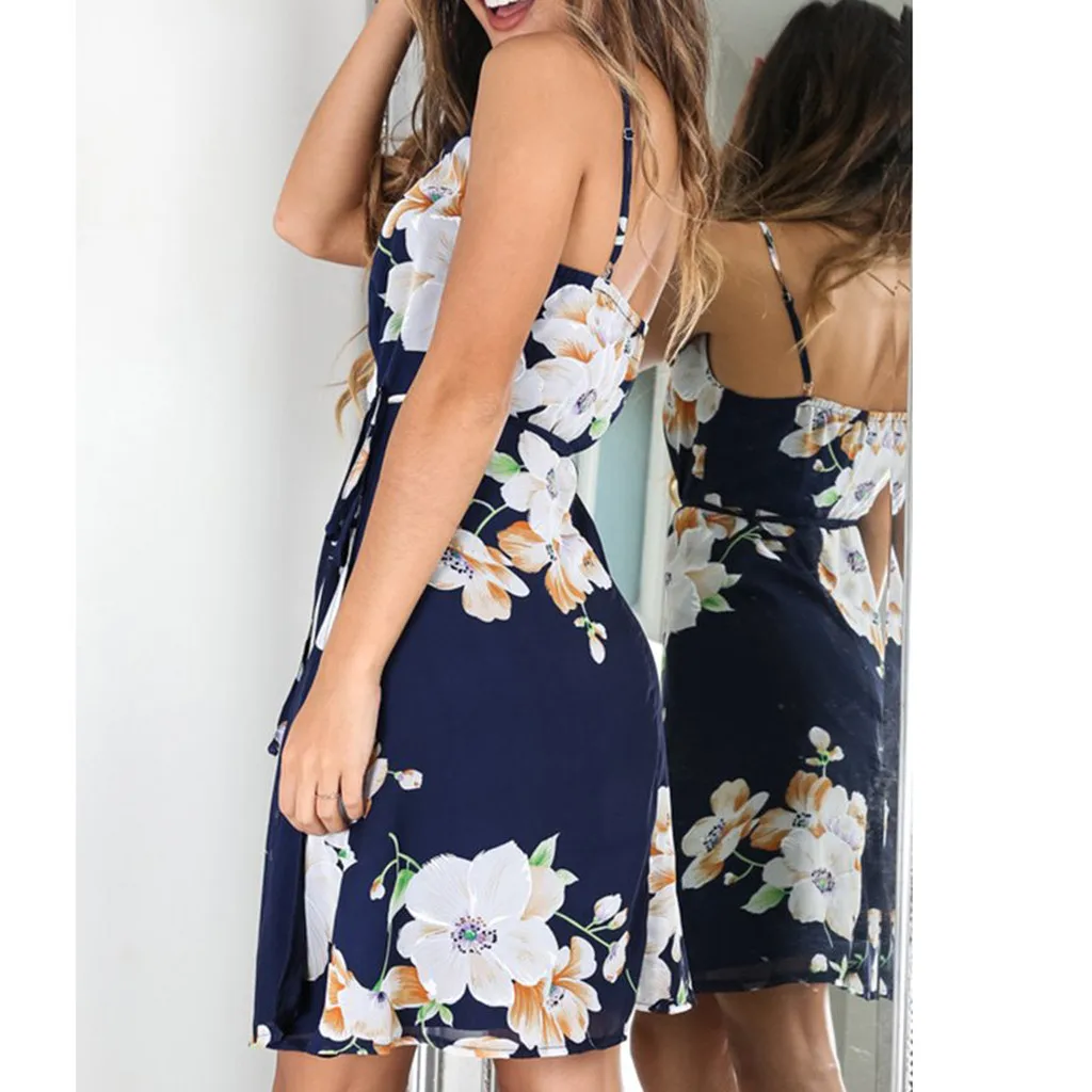 Women Summer Casual dresses woman party night V-Neck Floral Printed Sleeveless Maxi Party Beach Dress Sundress  W0507