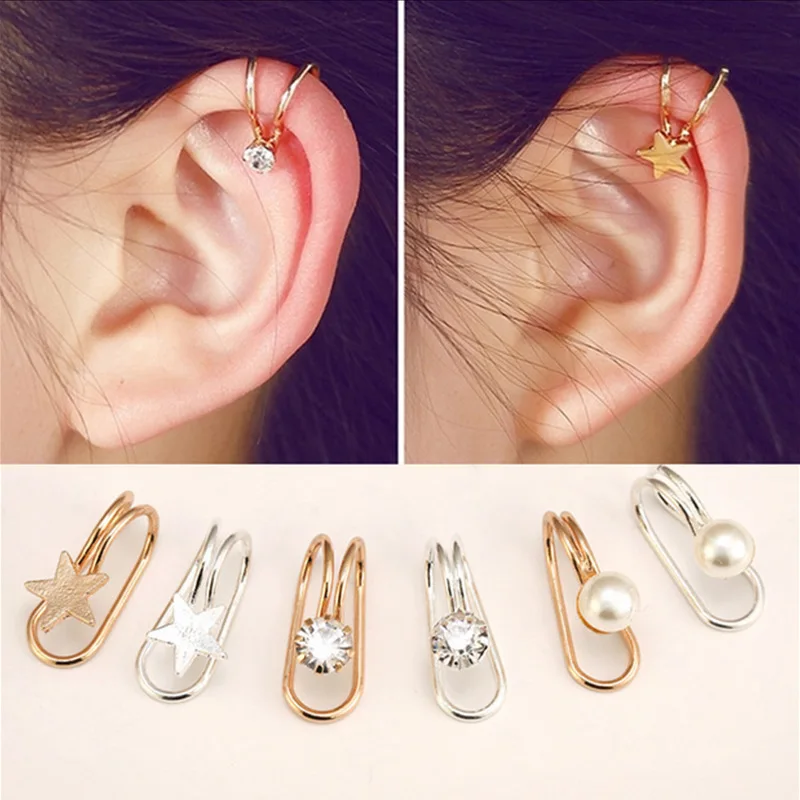 1PC Korean Fashion Creative Pearl Rhinestone Pentagram Star Ear Clips U-shaped Clip Earrings For Women Jewelry Wholesale | Украшения и